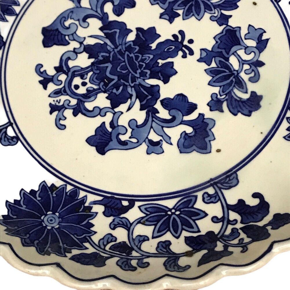 Vintage Large 10.5 Dark Blue White Floral Asian Plate Stoneware Charger Plate - Picture 3 of 6